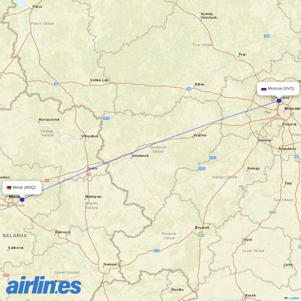 Aeroflot from Minsk destination map