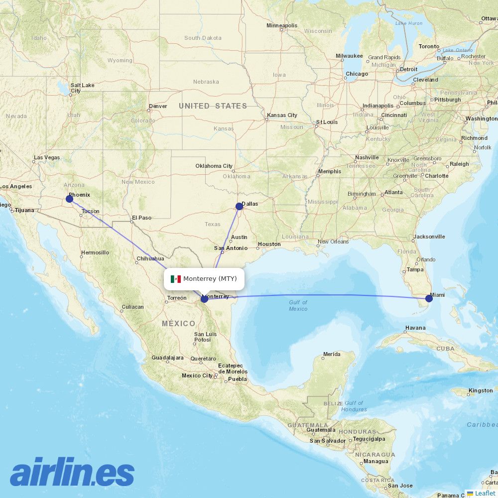American Airlines from Monterrey International Airport destination map