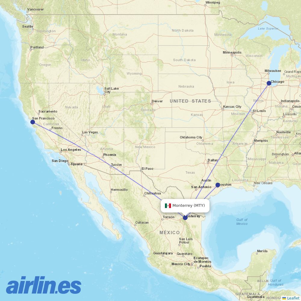 United Airlines from Monterrey International Airport destination map