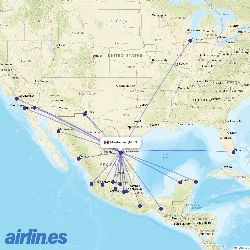 Volaris from Monterrey International Airport destination map