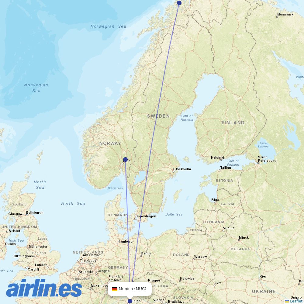 Norwegian Air Shuttle from Munich Airport destination map
