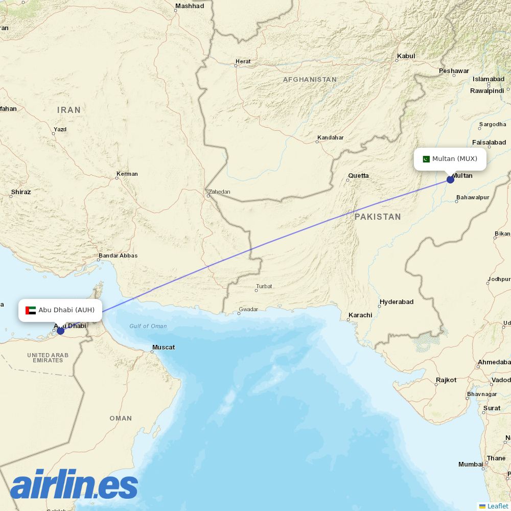 Air Arabia Abu Dhabi from Multan International destination map