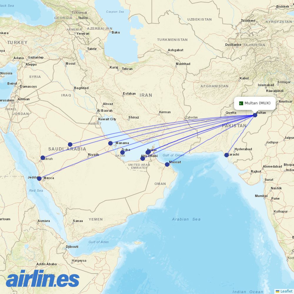 flydubai from Multan International destination map