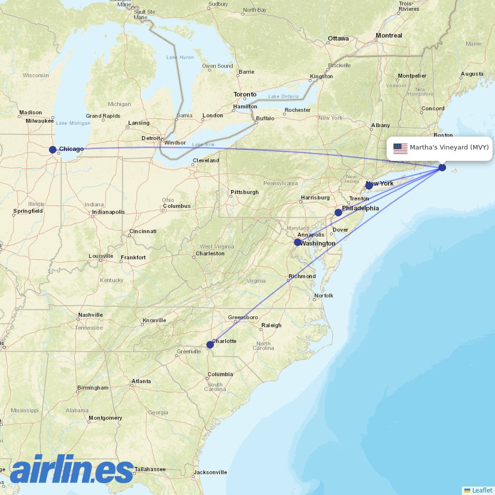 American Airlines from Martha's Vineyard destination map