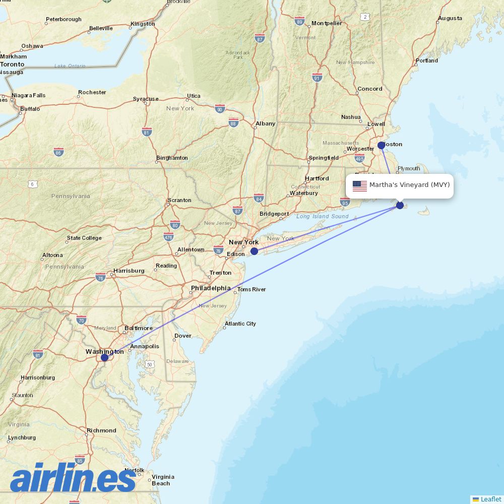 JetBlue Airways from Martha's Vineyard destination map