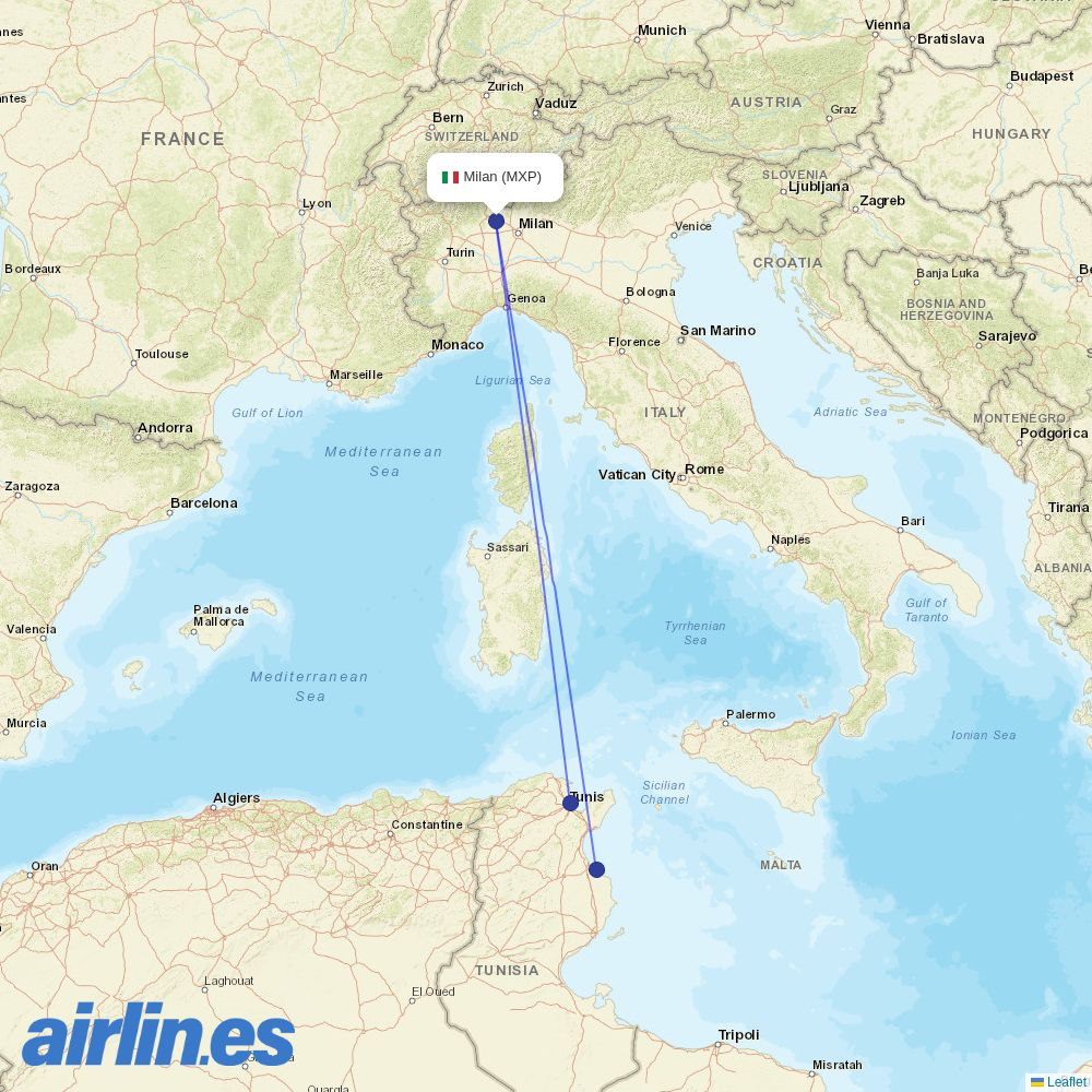 Nouvelair at MXP route map