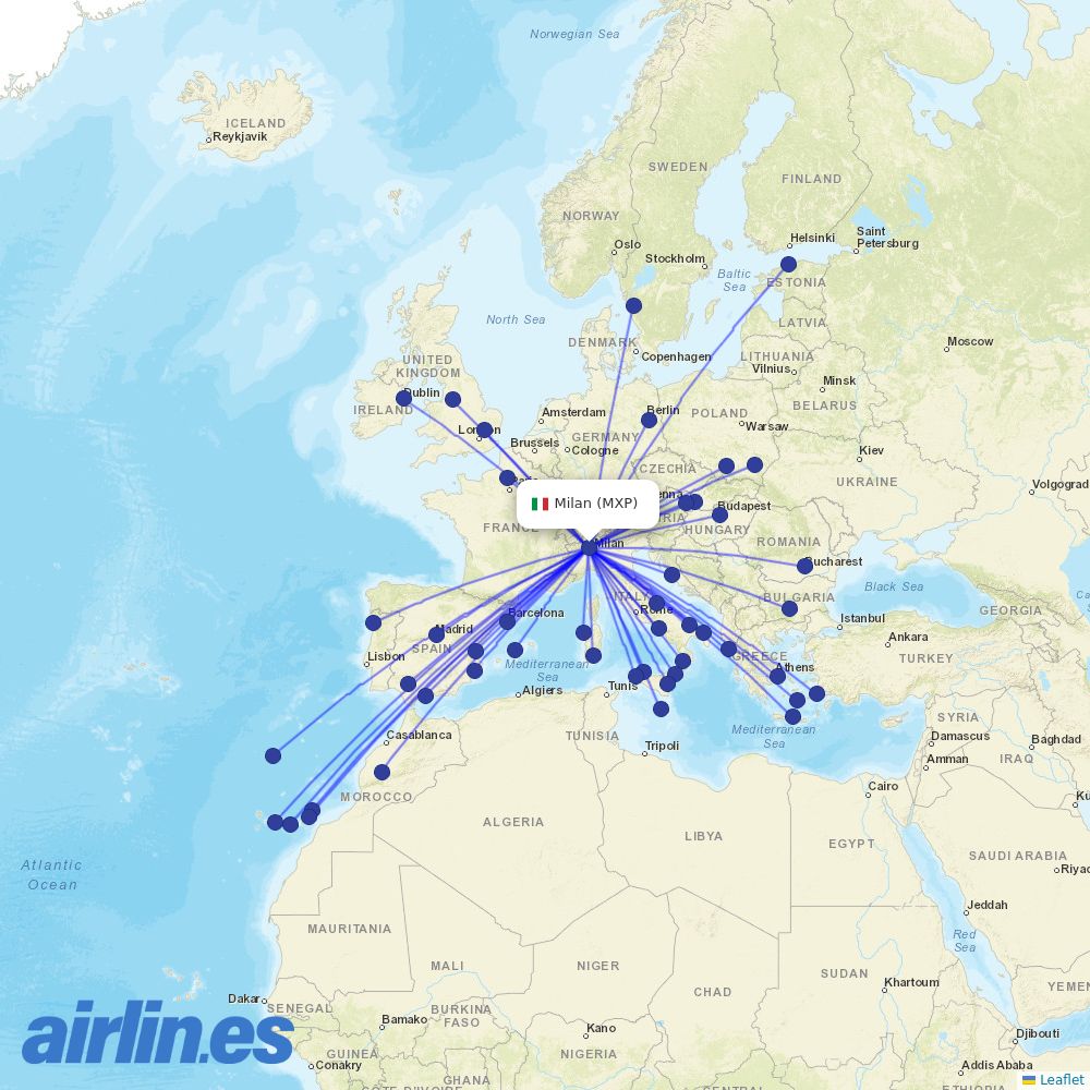 Ryanair from Milan Malpensa Airport destination map