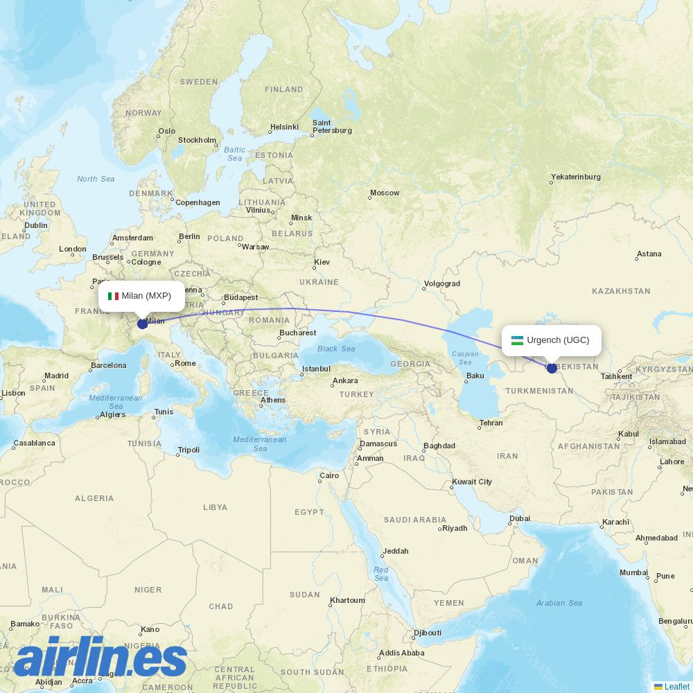 Taban Air from Milan Malpensa Airport destination map
