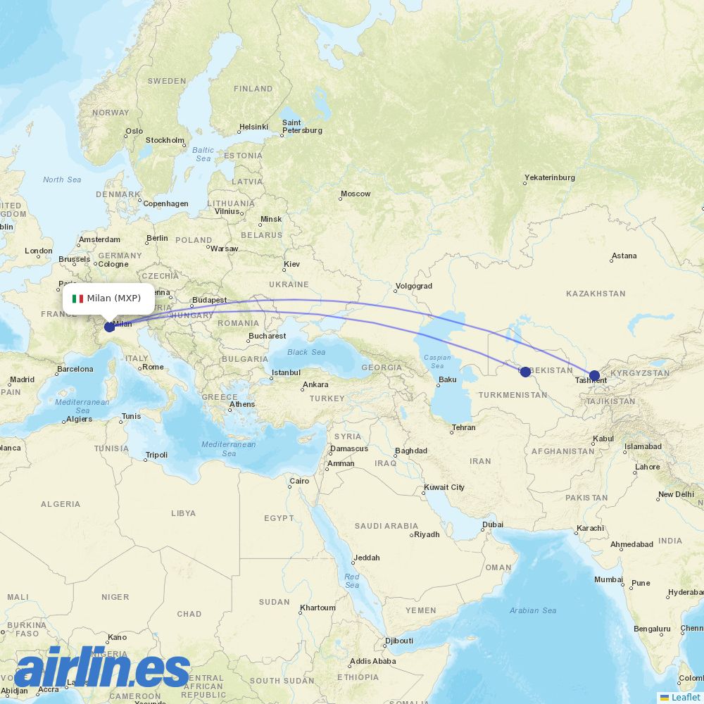 Uzbekistan Airways from Milan Malpensa Airport destination map