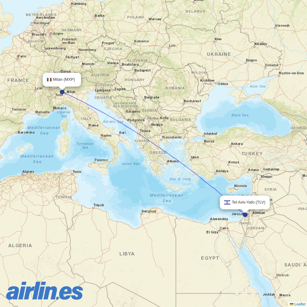 Arkia Israeli Airlines from Milan Malpensa Airport destination map