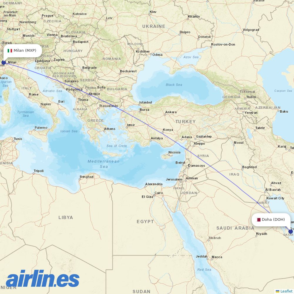 Qatar Airways from Milan Malpensa Airport destination map