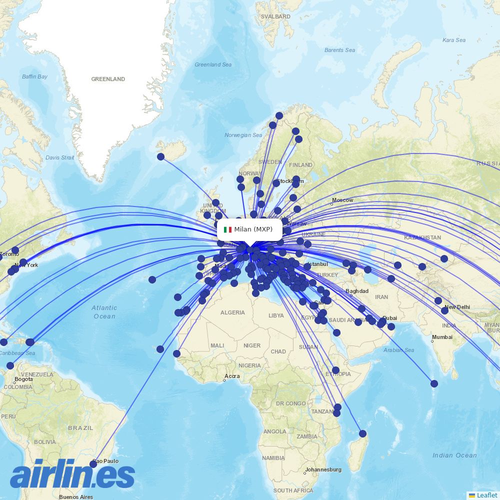 Scandinavian Airlines from Milan Malpensa Airport destination map