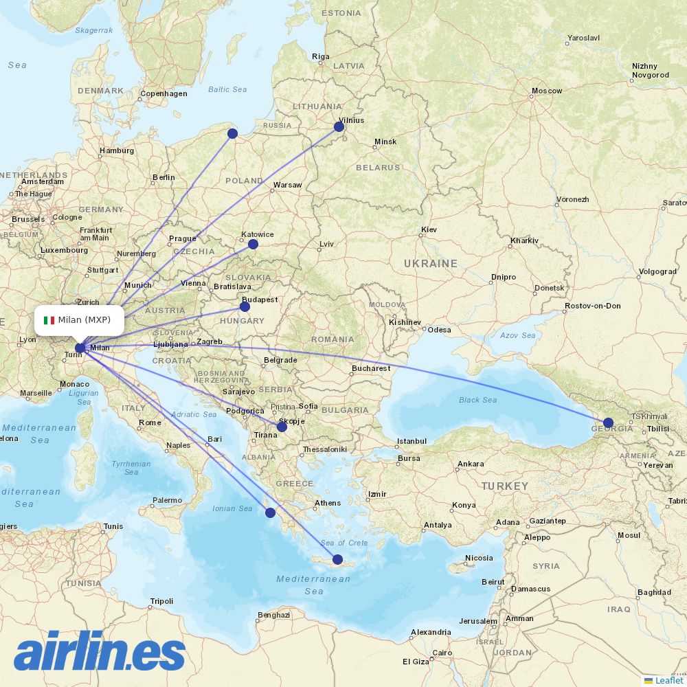 Wizz Air from Milan Malpensa Airport destination map