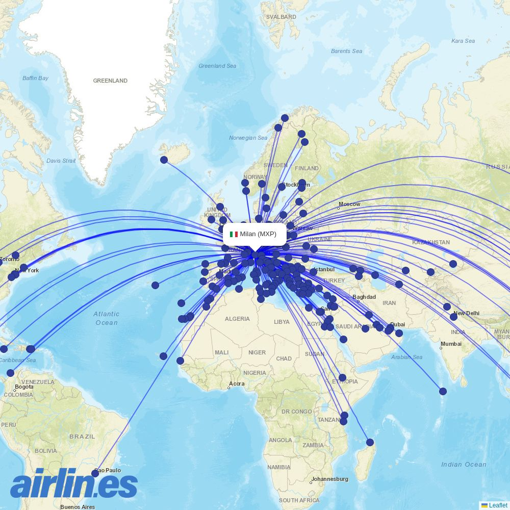 Air Corsica from Milan Malpensa Airport destination map