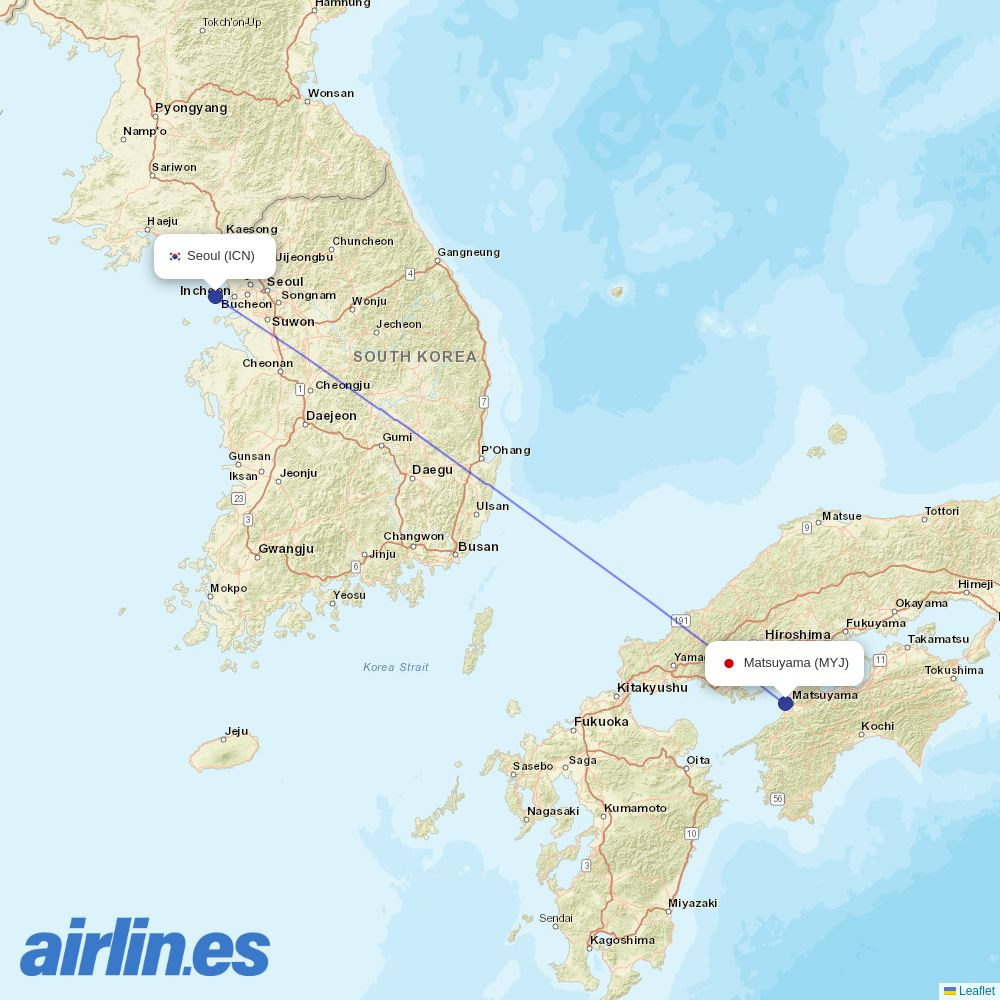 Jeju Air from Matsuyama destination map