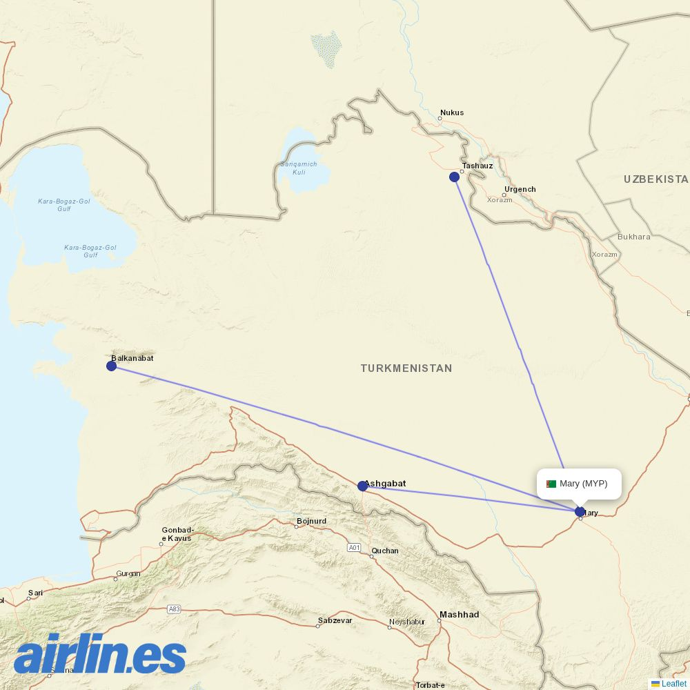 Turkmenistan Airlines at MYP route map