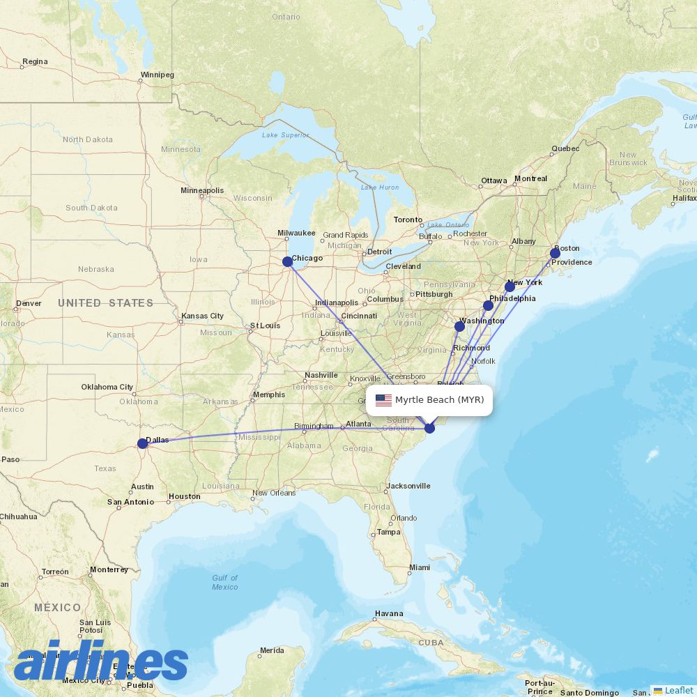 American Airlines from Myrtle Beach International Airport destination map