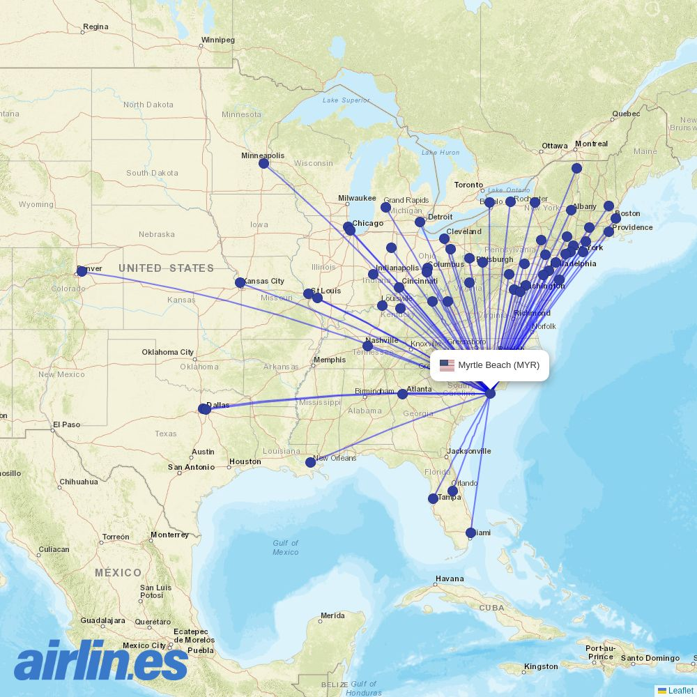 Breeze Airways from Myrtle Beach International Airport destination map