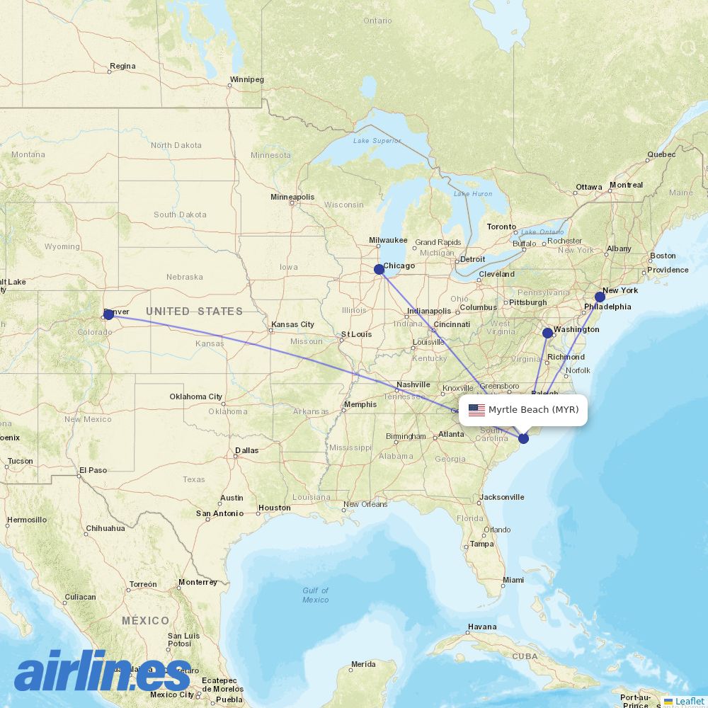 United Airlines from Myrtle Beach International Airport destination map