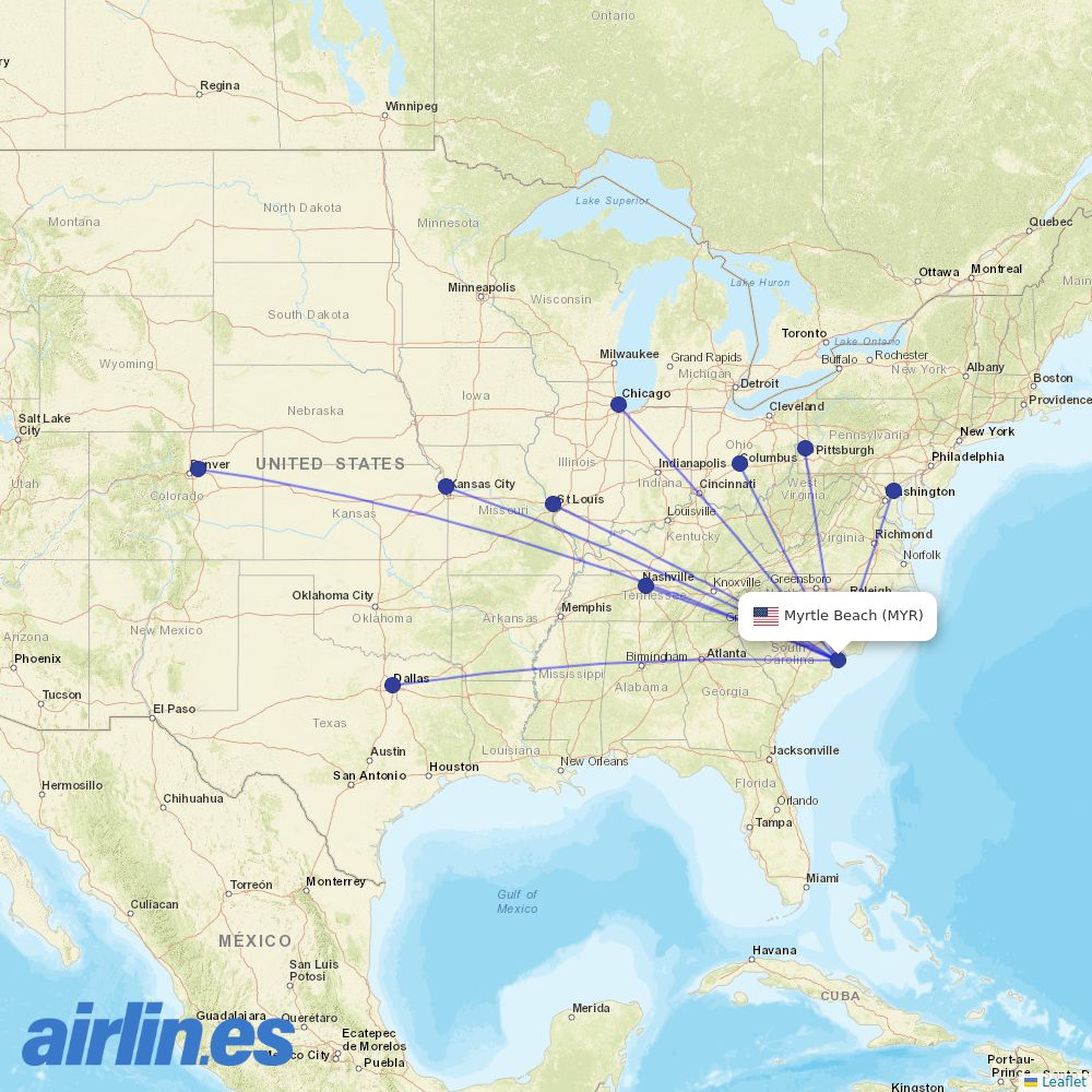 Southwest Airlines from Myrtle Beach International Airport destination map