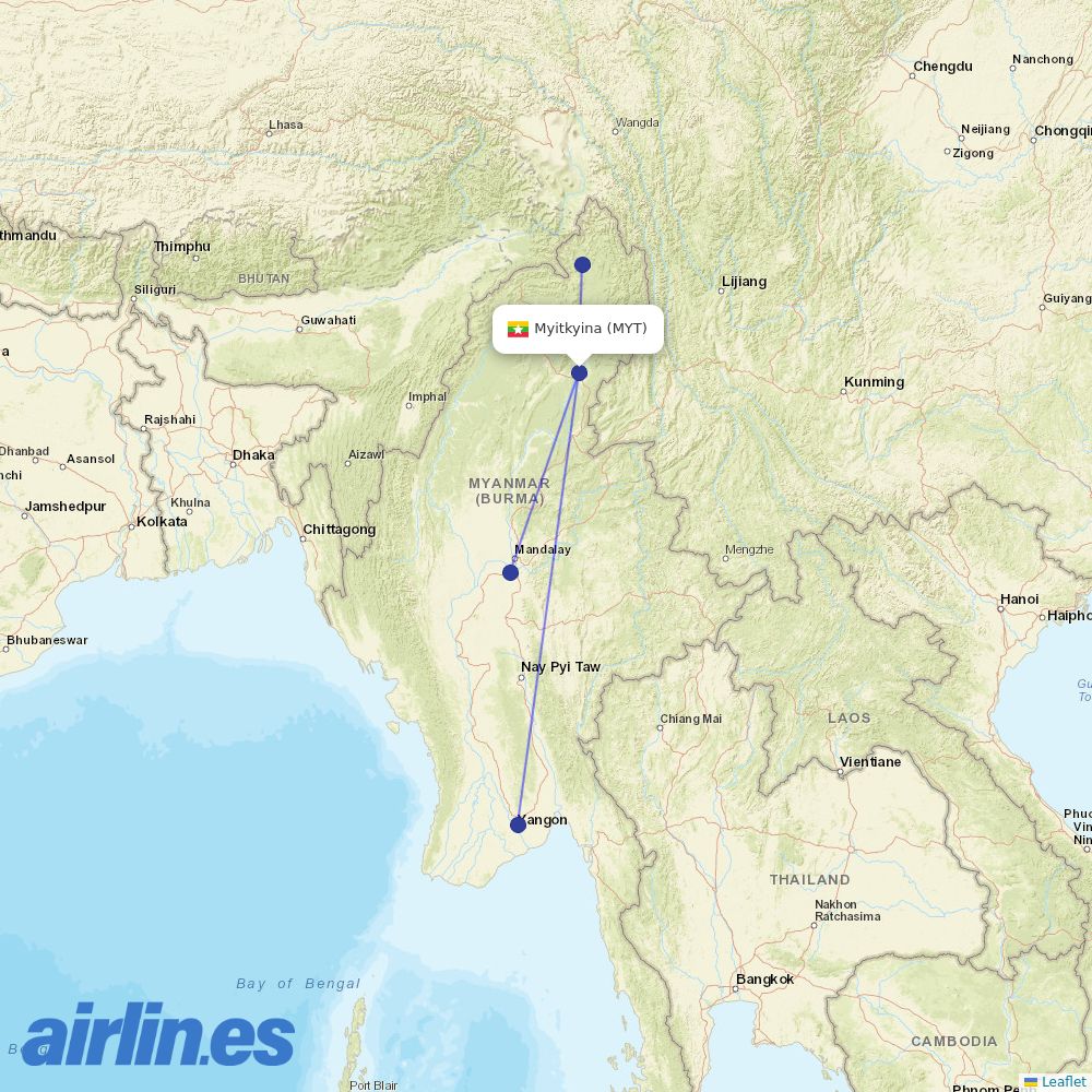 Myanmar Airways International from Myitkyina destination map
