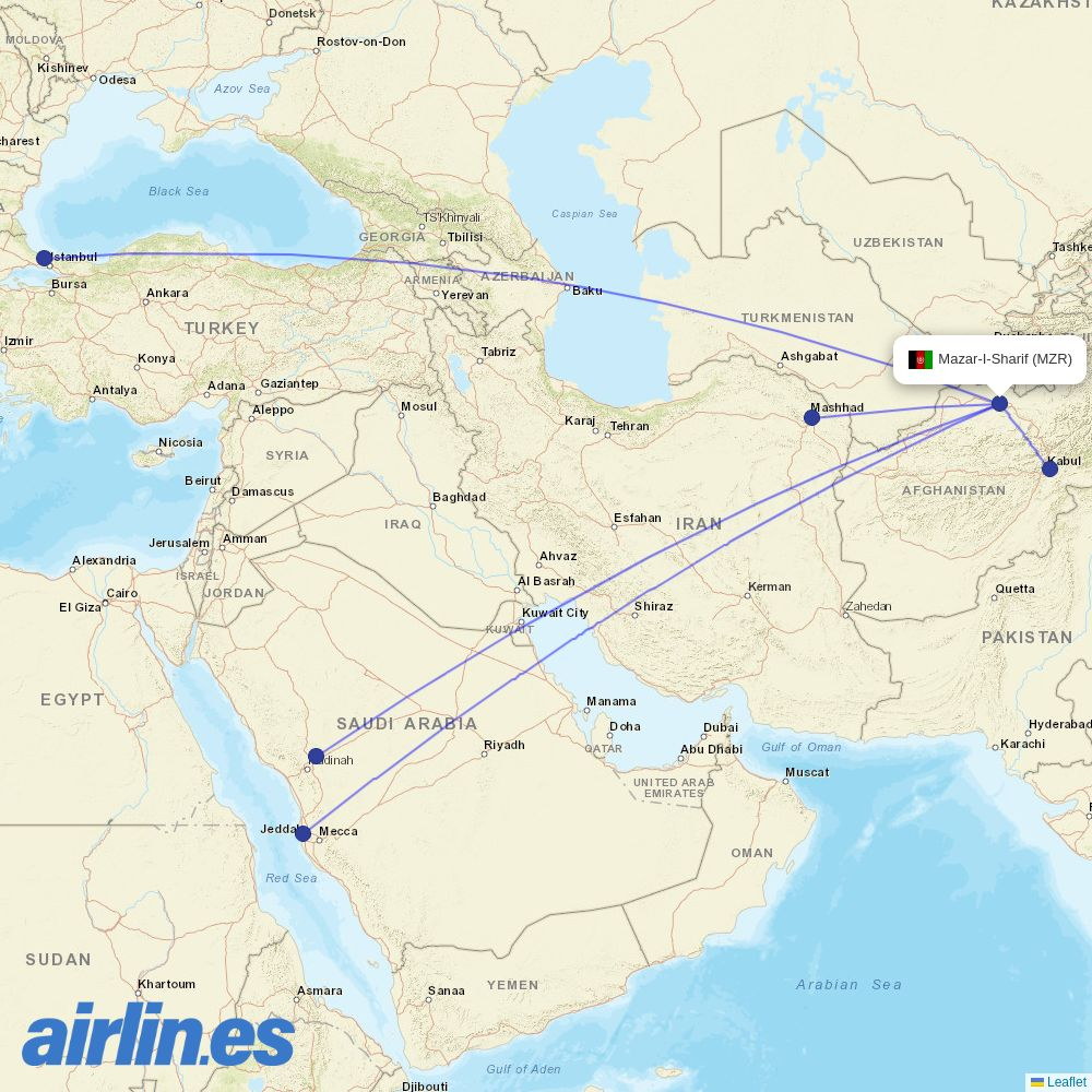 Kam Air from Mazar I Sharif destination map