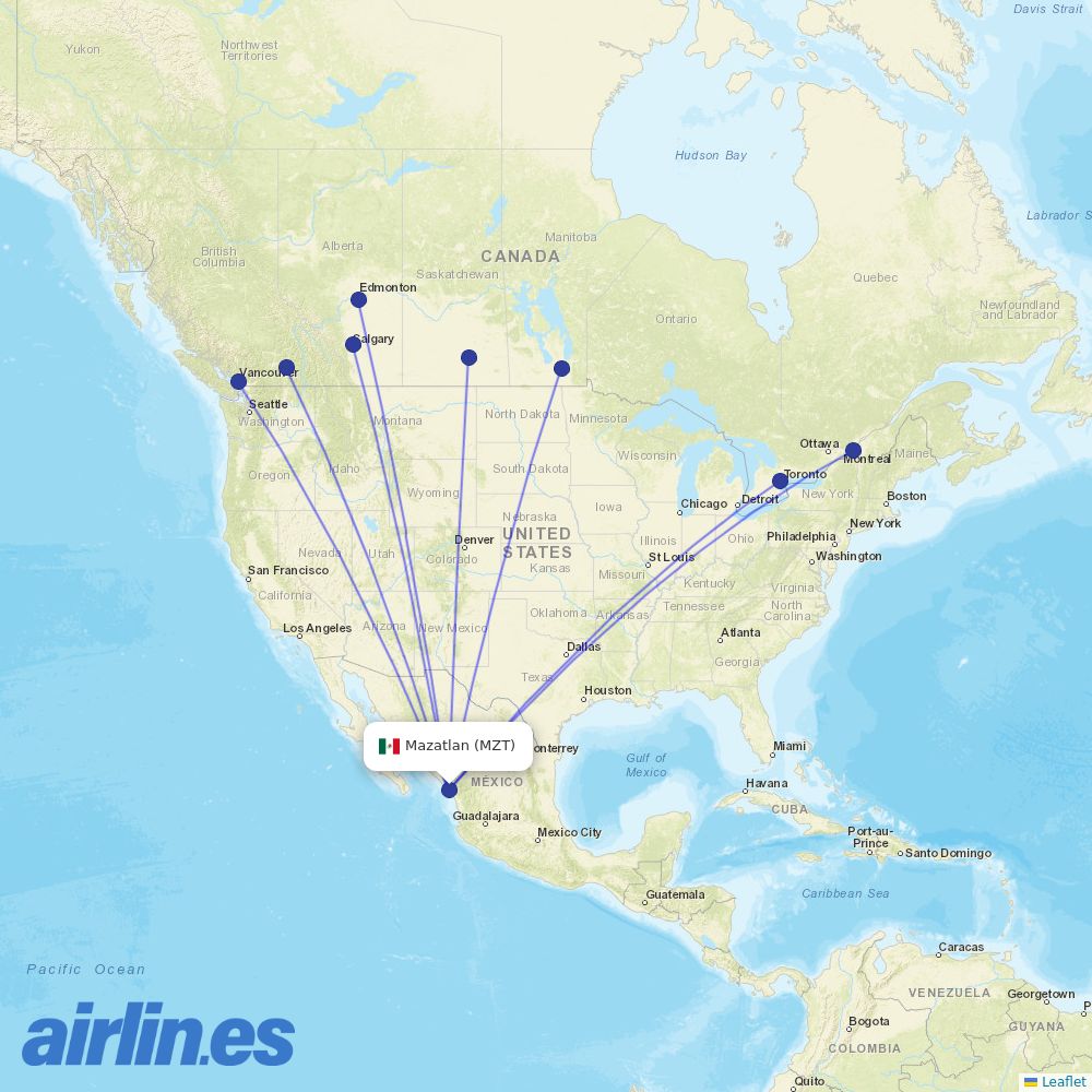 WestJet from General Rafael Buelna International destination map