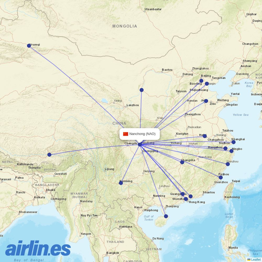 GX Airlines from Nanchong Airport destination map