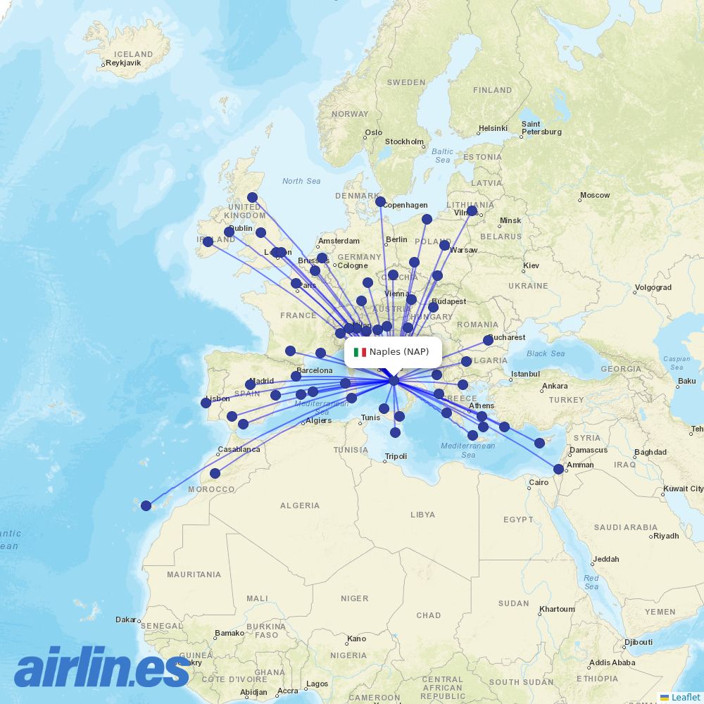 Ryanair from Naples International Airport destination map