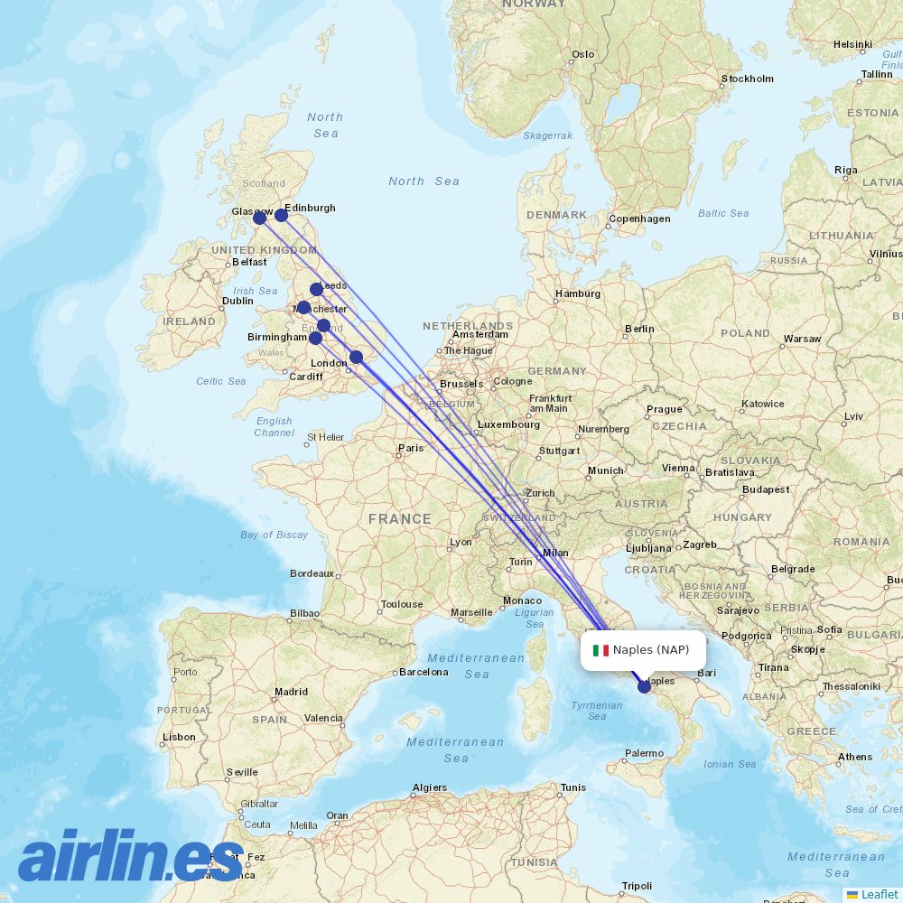 Jet2 from Naples International Airport destination map