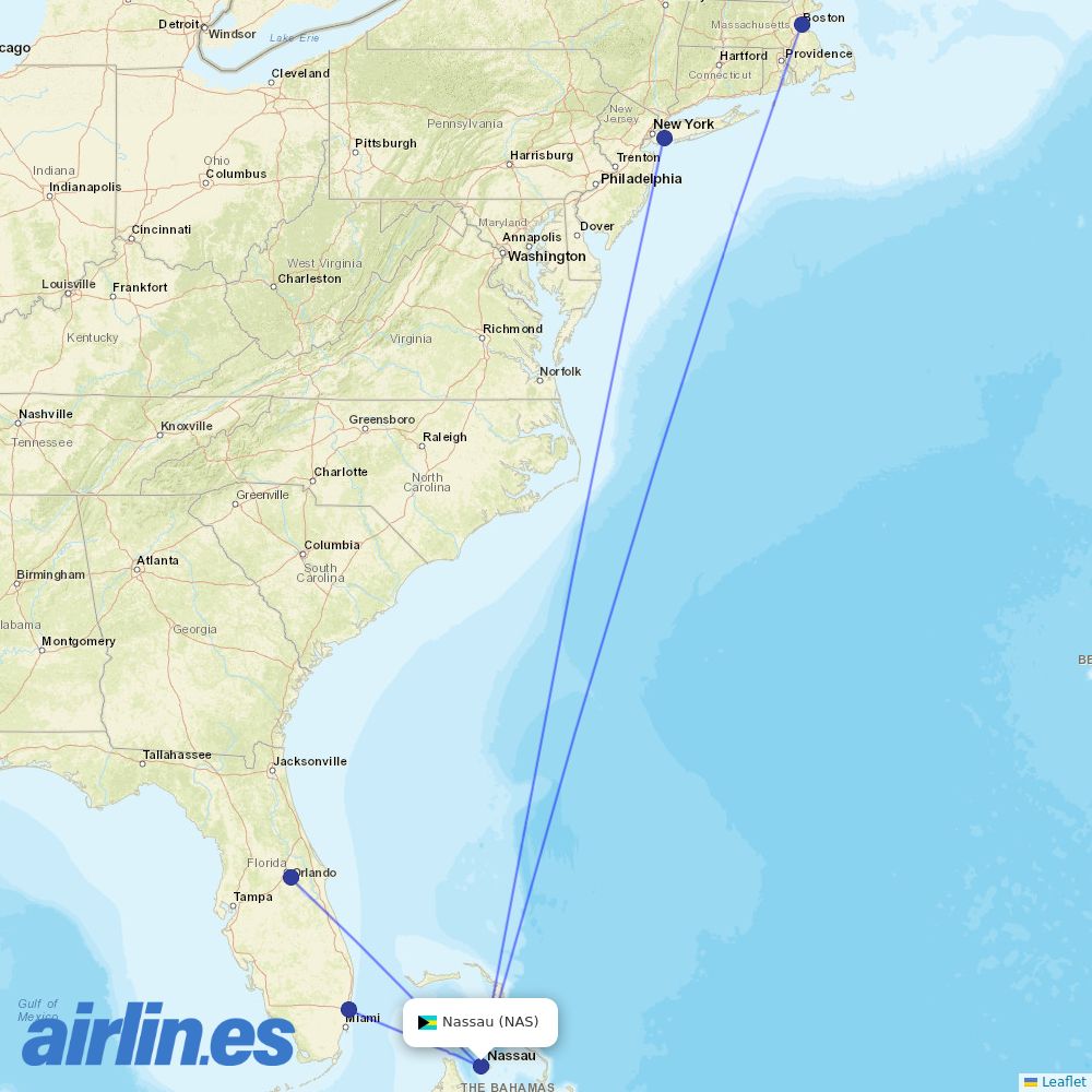 JetBlue Airways from Nassau International destination map