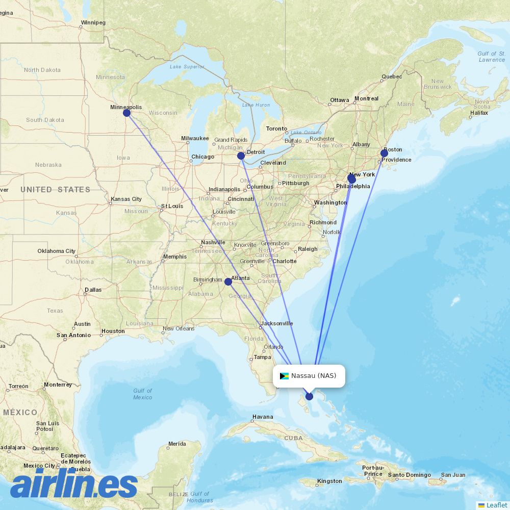Delta Air Lines from Nassau International destination map