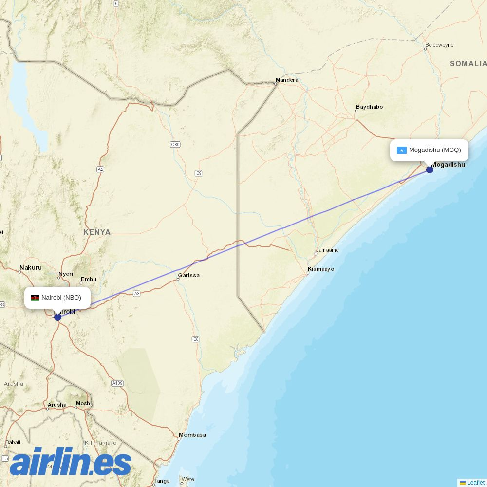 Daallo Airlines from Jomo Kenyatta International destination map