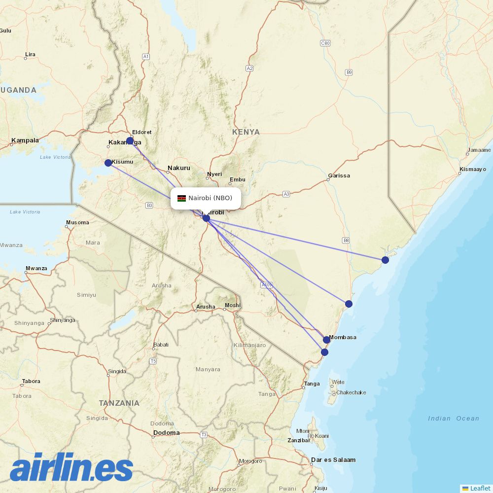 Jambojet Limited from Jomo Kenyatta International destination map