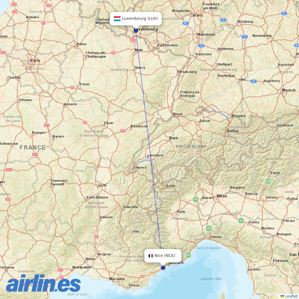Luxair at NCE route map