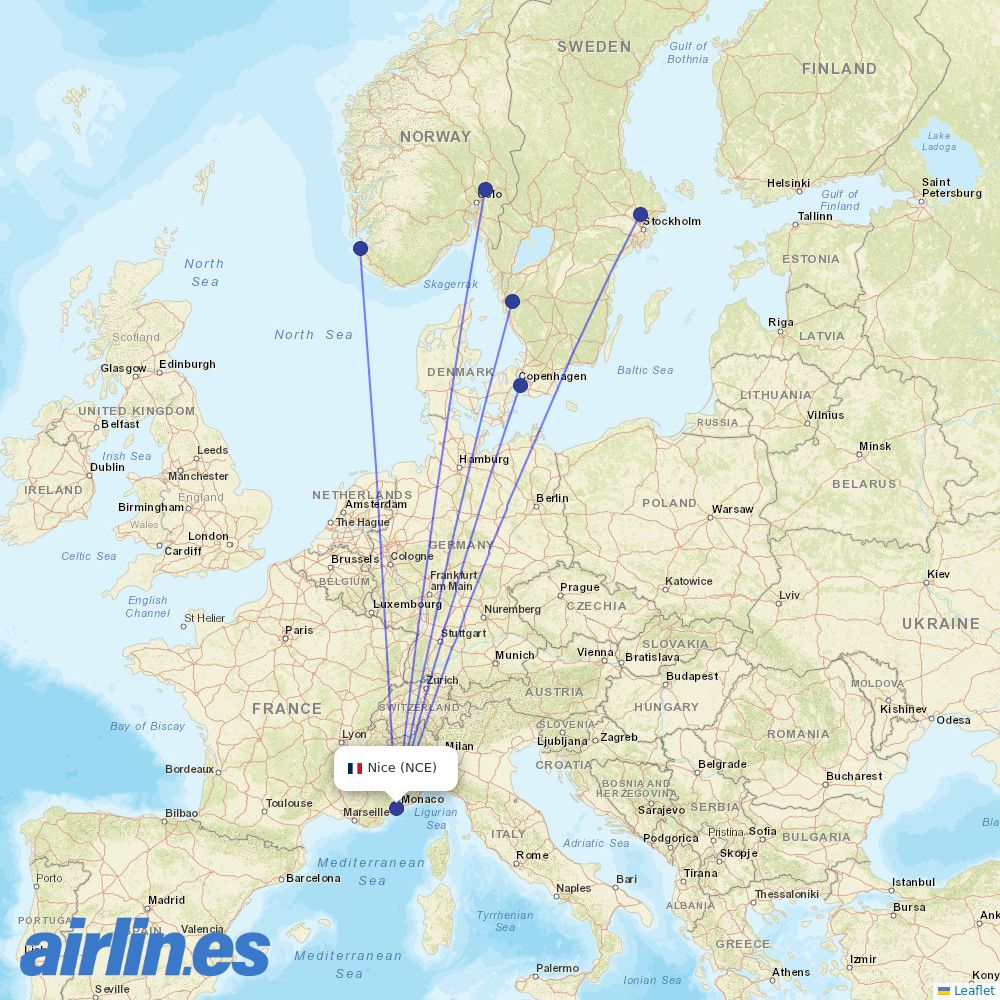 Scandinavian Airlines from Cote D Azur Airport destination map