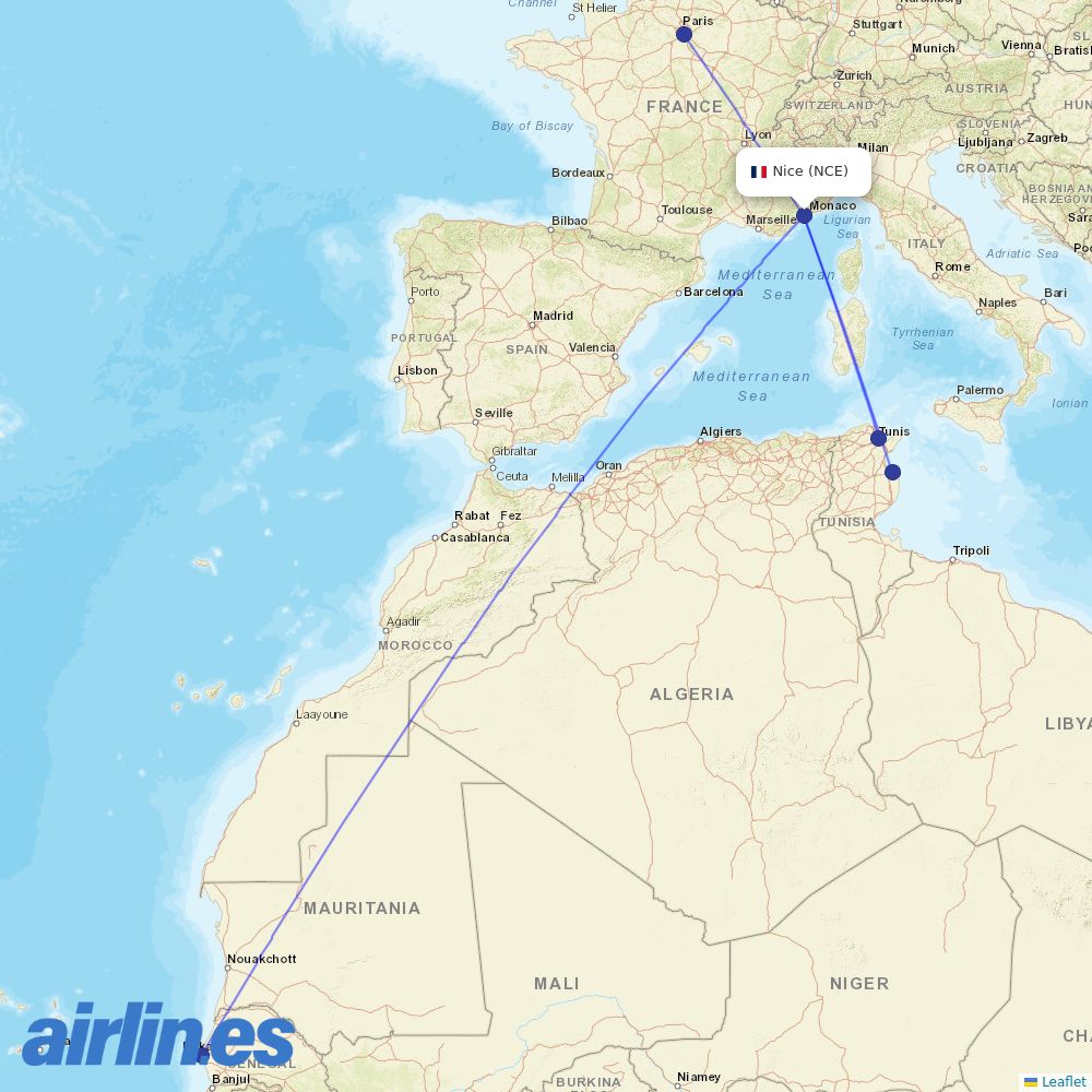 Transavia France at NCE route map