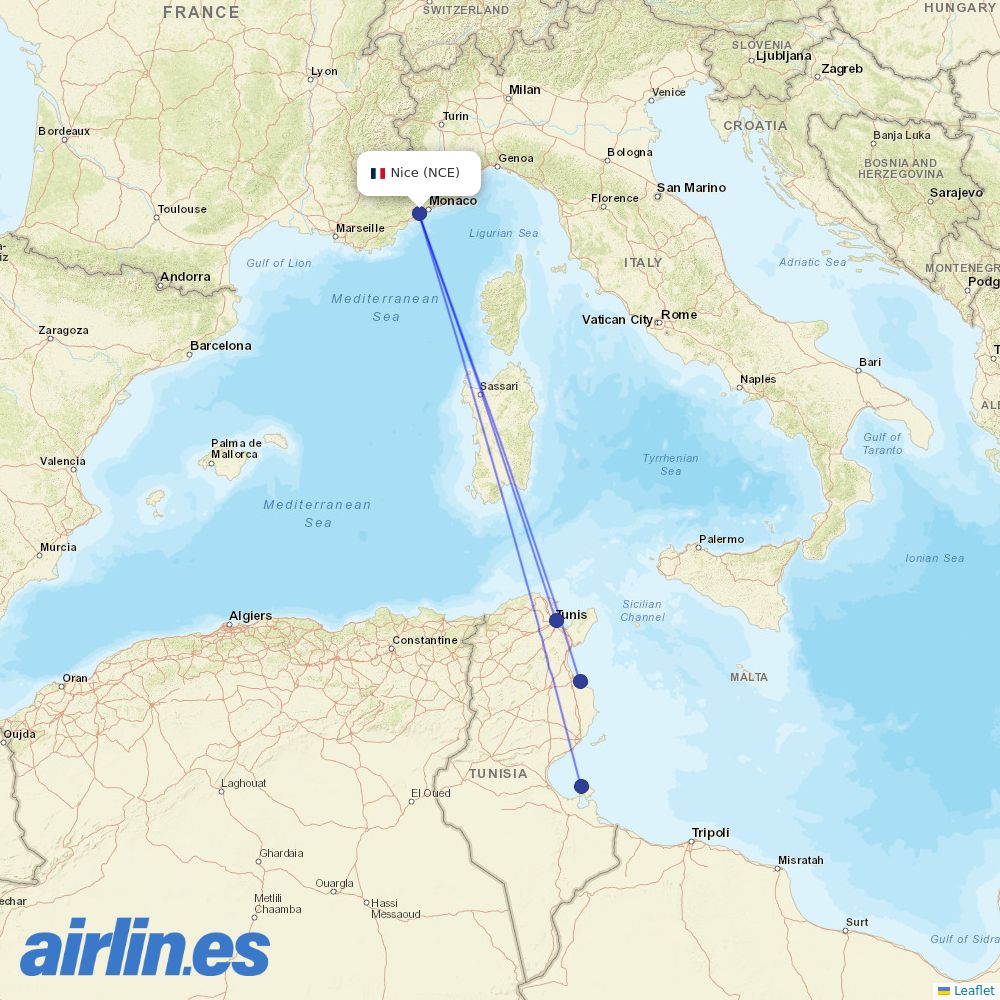 Tunisair at NCE route map