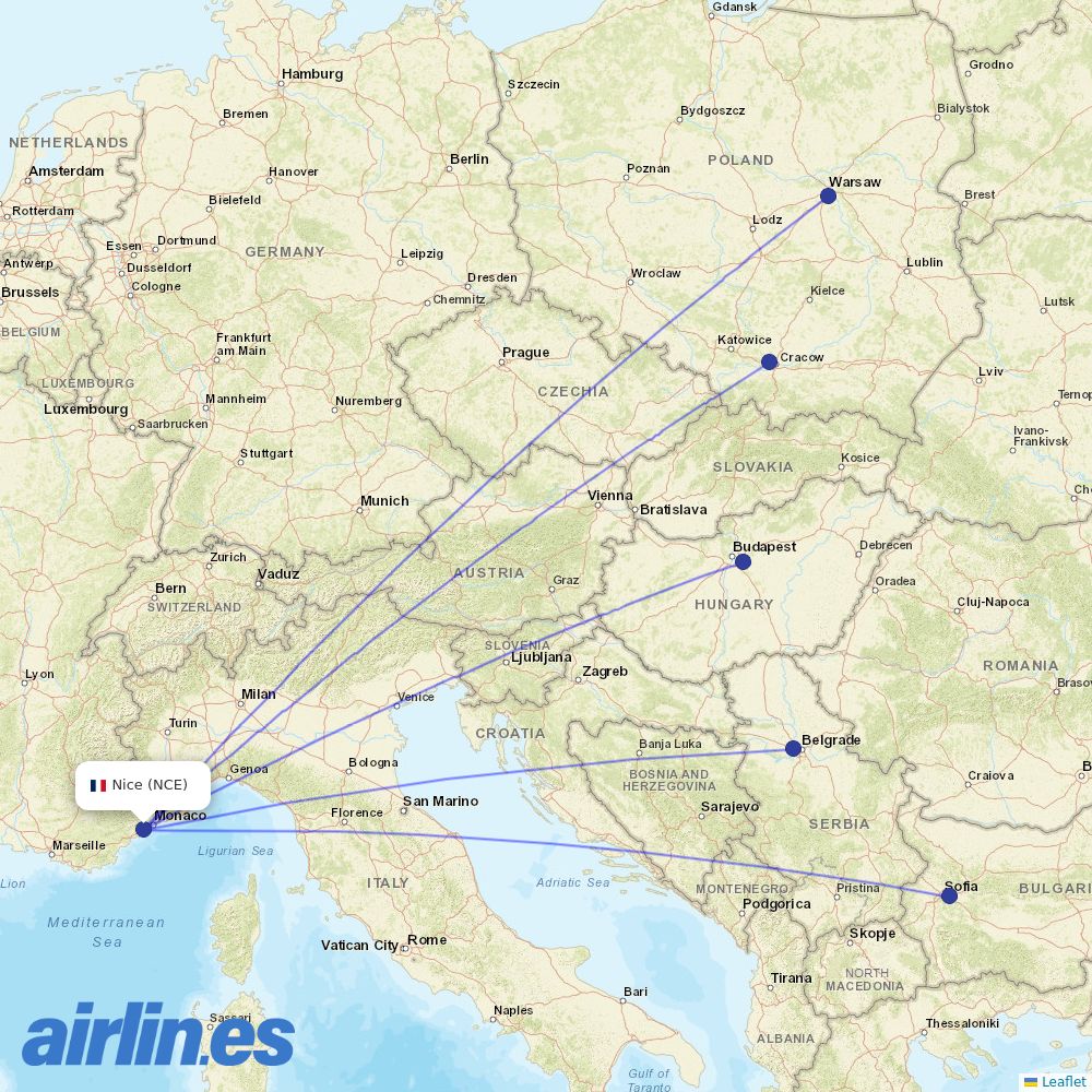 Wizz Air from Cote D Azur Airport destination map