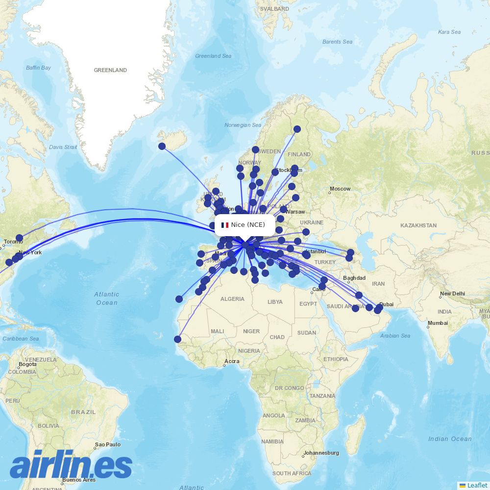 Air Corsica from Cote D Azur Airport destination map