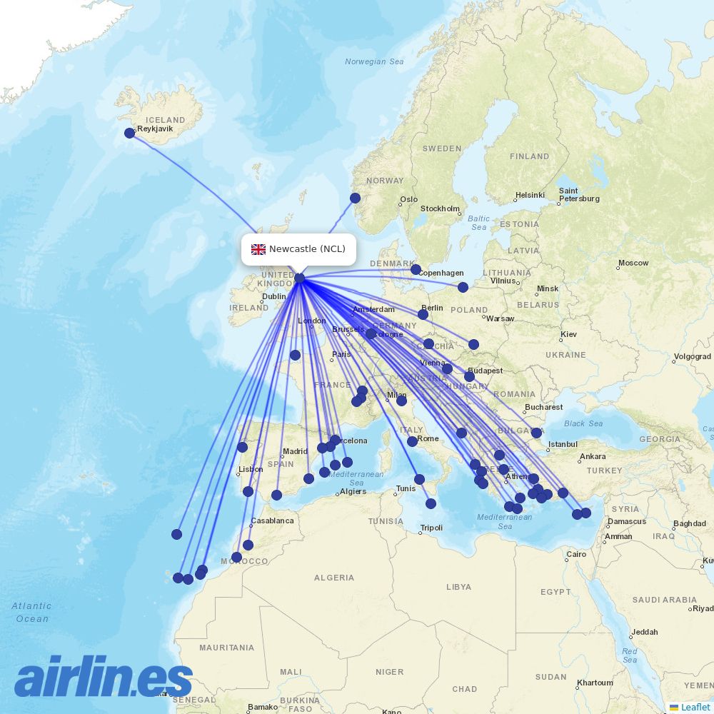 Jet2 from Newcastle International Airport destination map