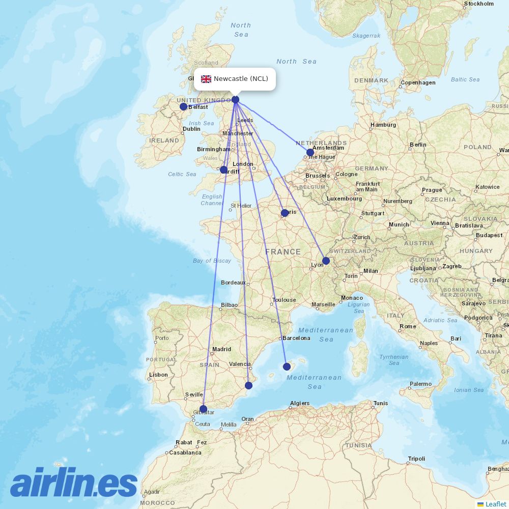 easyJet from Newcastle International Airport destination map