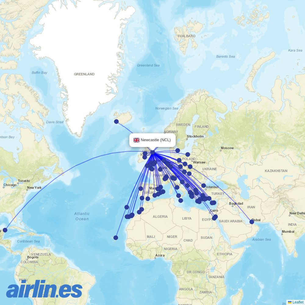 SunExpress from Newcastle International Airport destination map