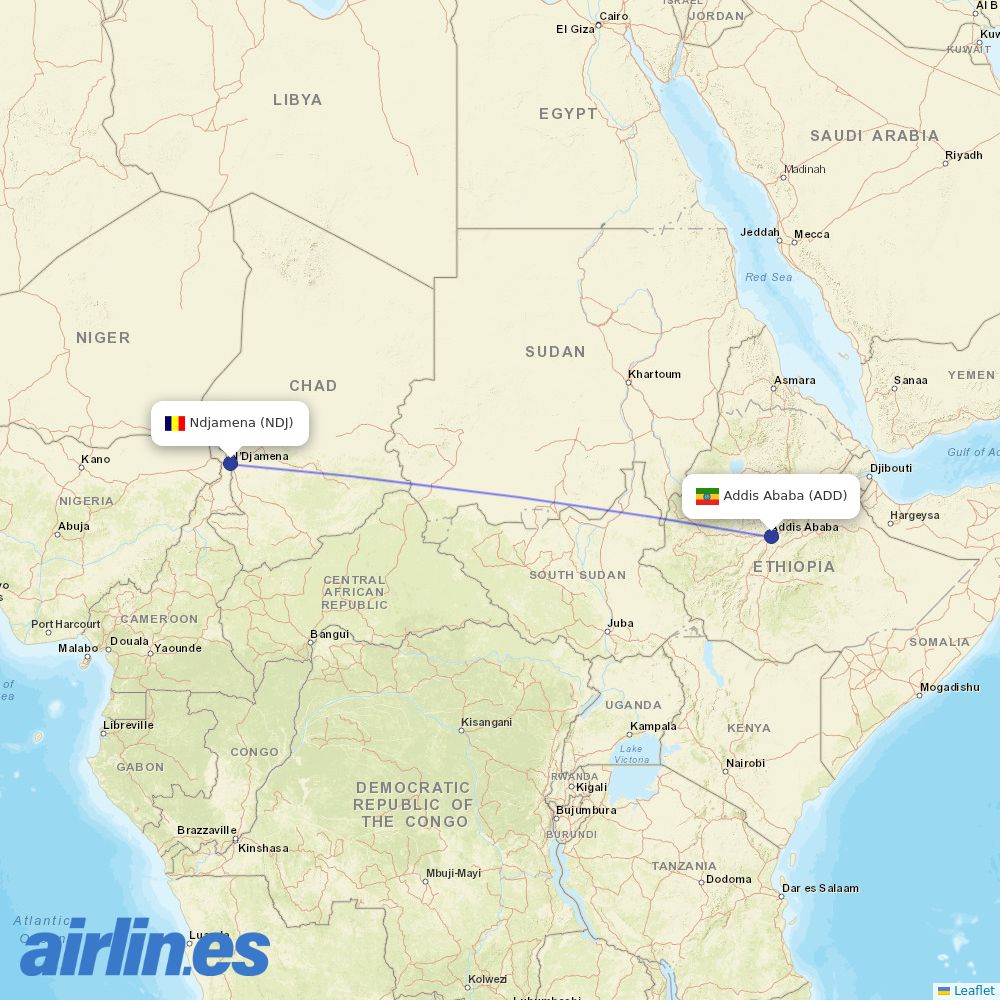 Ethiopian Airlines from Ndjamena destination map