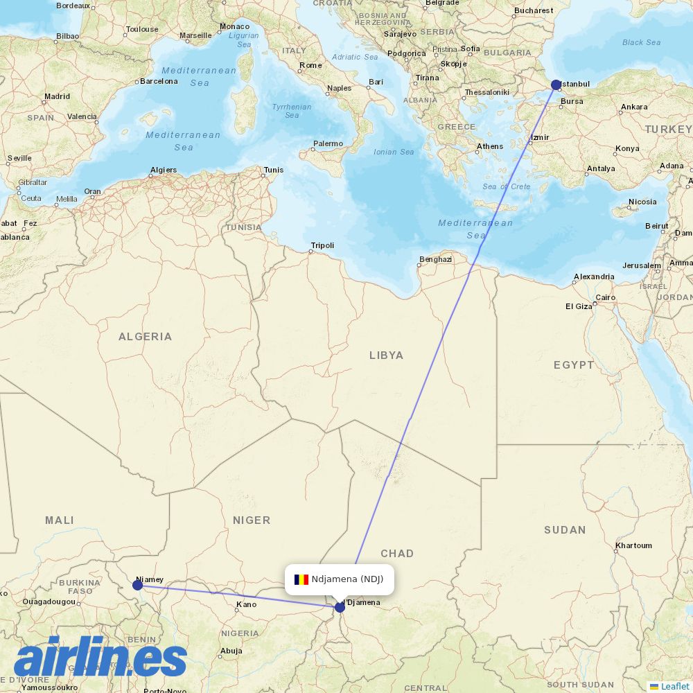 Turkish Airlines from Ndjamena destination map