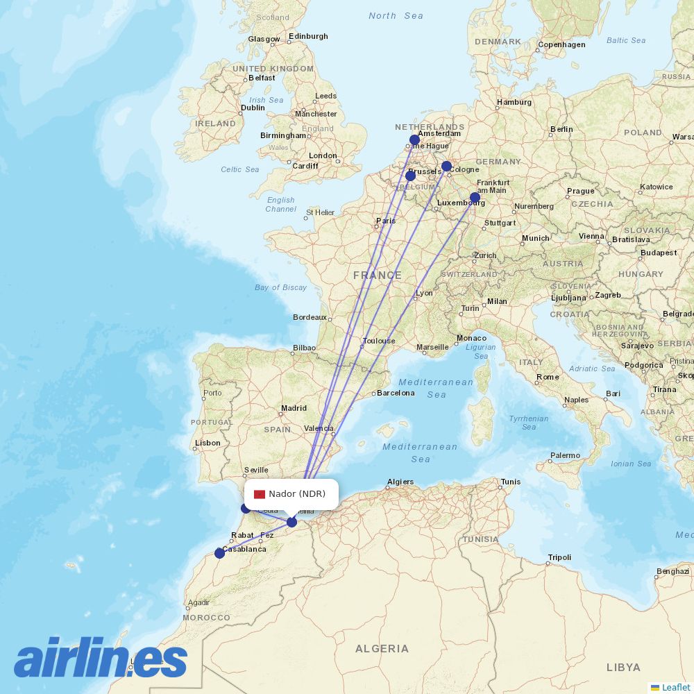 Royal Air Maroc from Nadar destination map