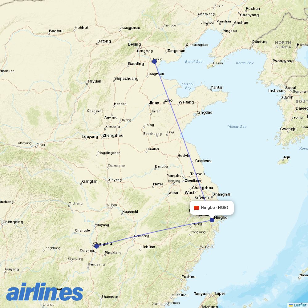 Okay Airways from Ningbo Lishe International Airport destination map