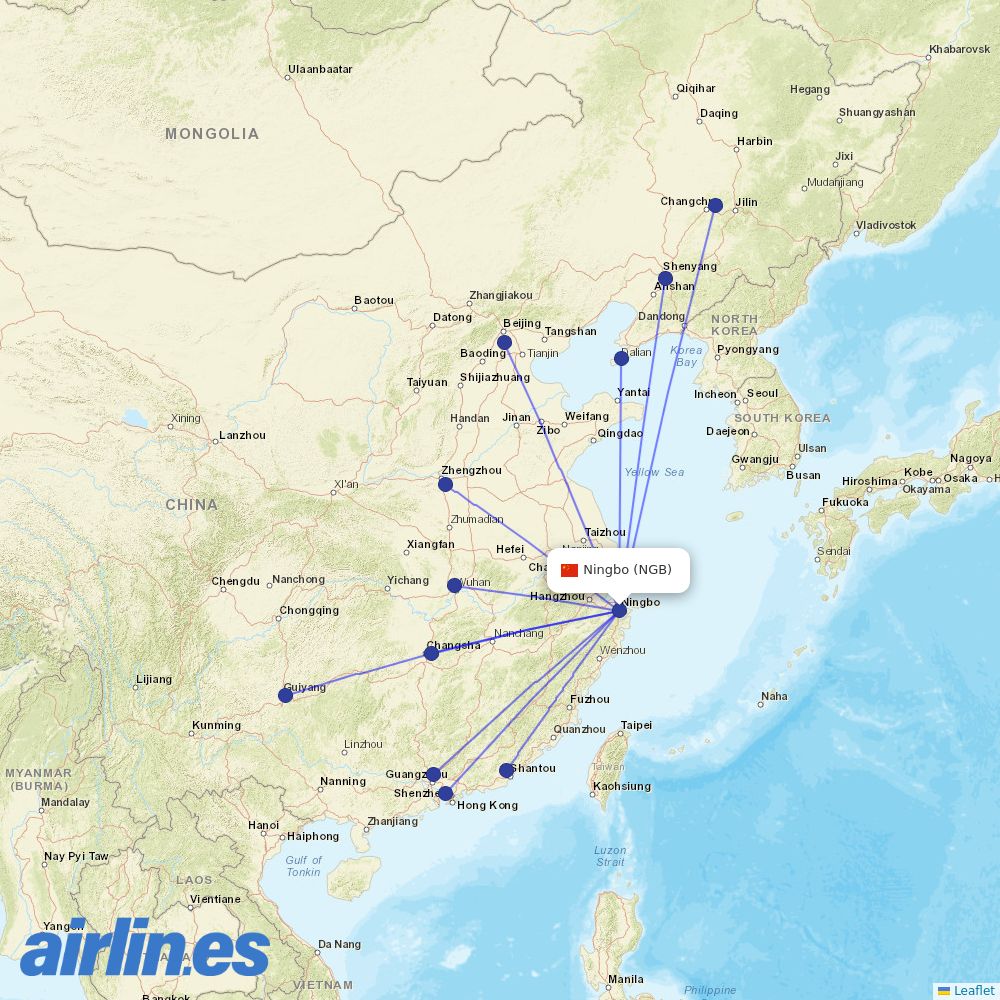China Southern Airlines from Ningbo Lishe International Airport destination map