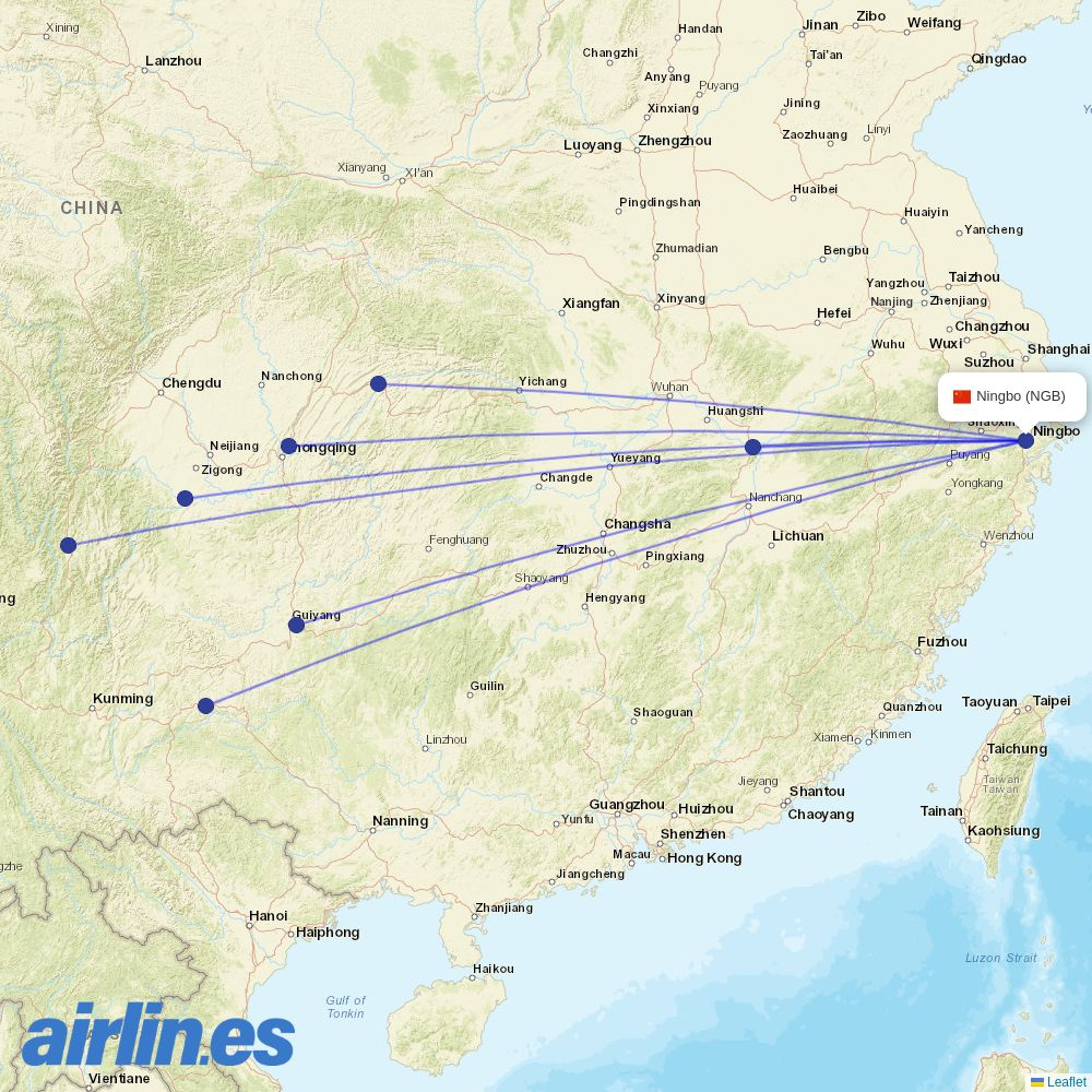 Colorful GuiZhou Airlines from Ningbo Lishe International Airport destination map