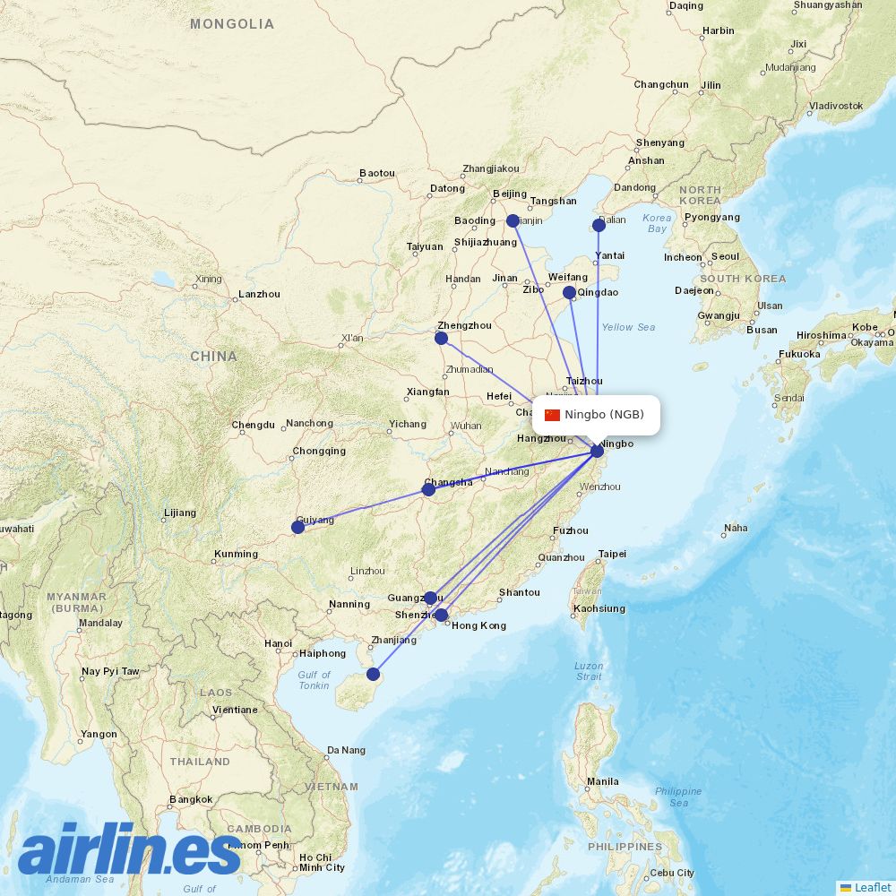Hainan Airlines from Ningbo Lishe International Airport destination map